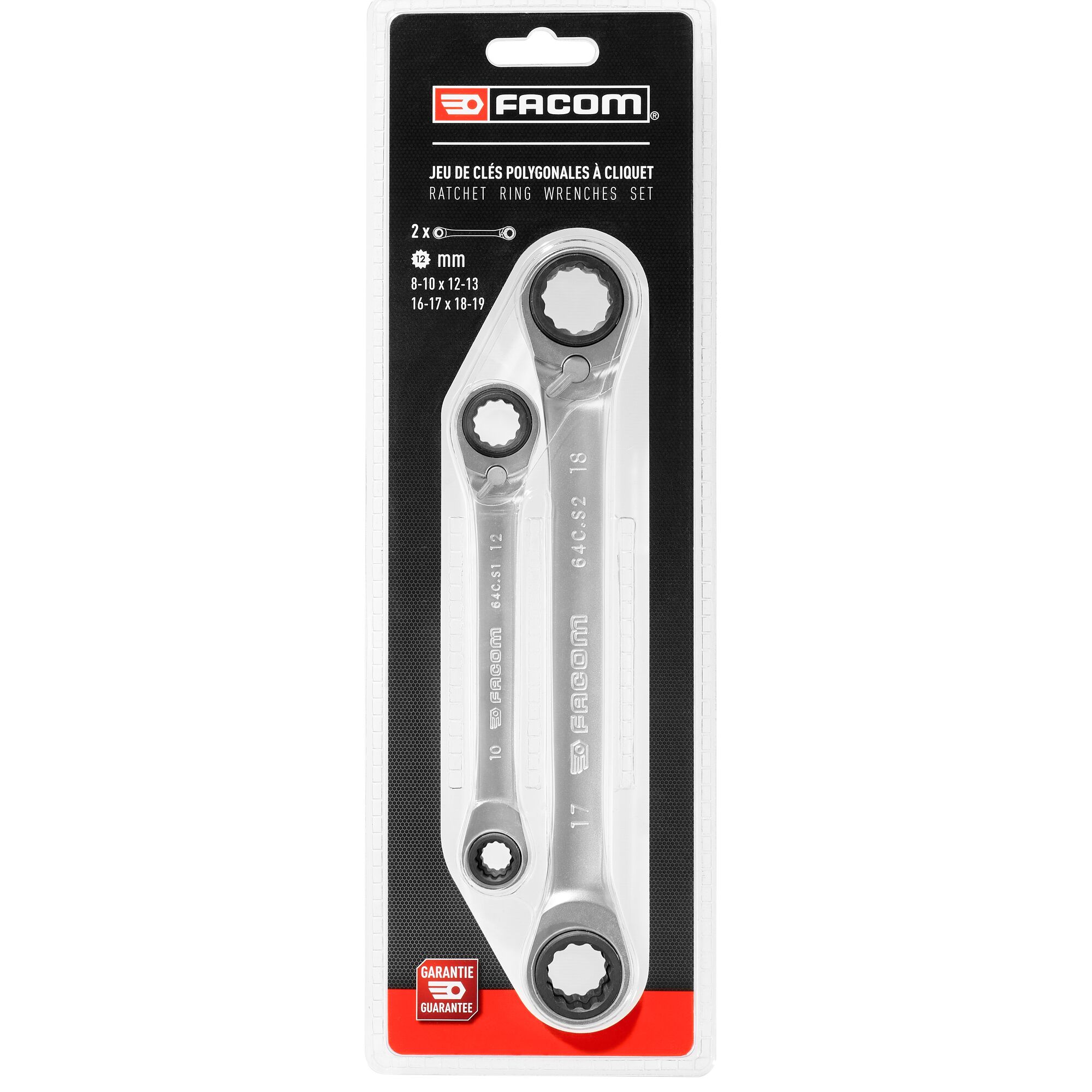 Photo of Facom 64C_J2PB ratchet ring wrench set, two silver wrenches in retail packaging, front angle.